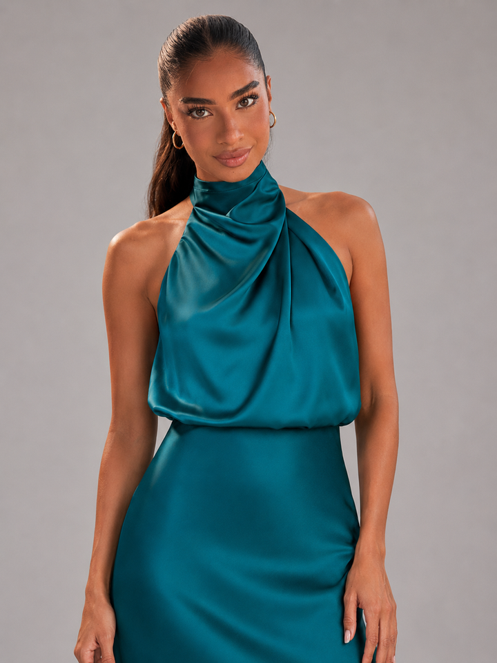 Violet satin high neck midi dress – image 37