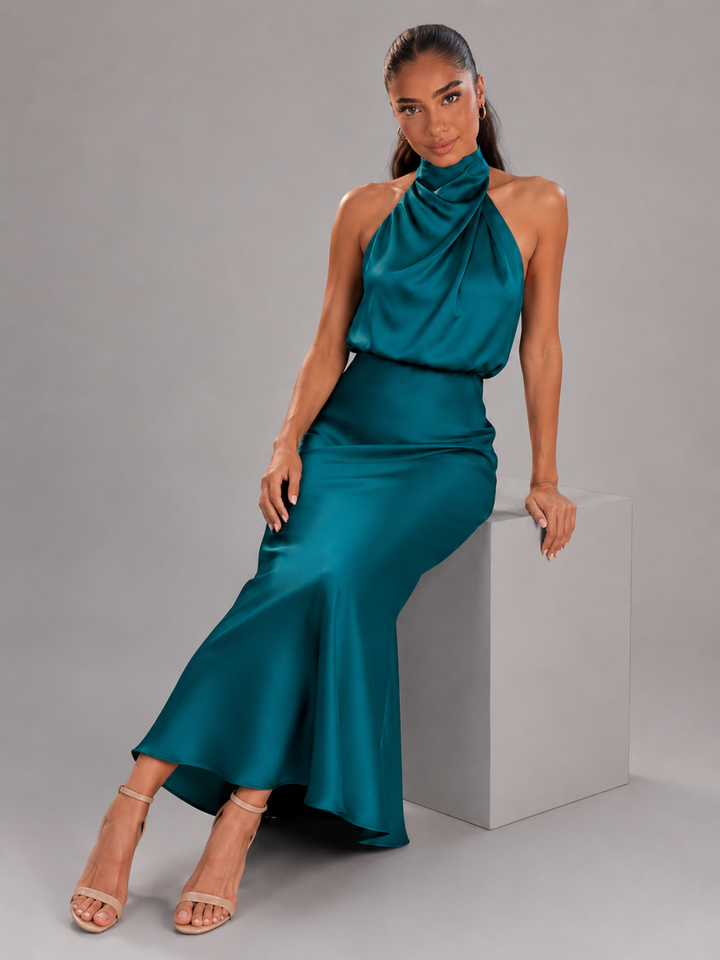 Violet satin high neck midi dress – image 38