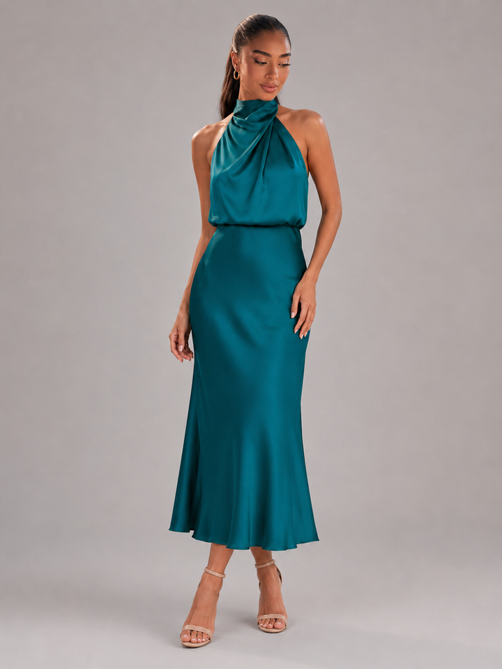 Violet satin high neck midi dress – image 39