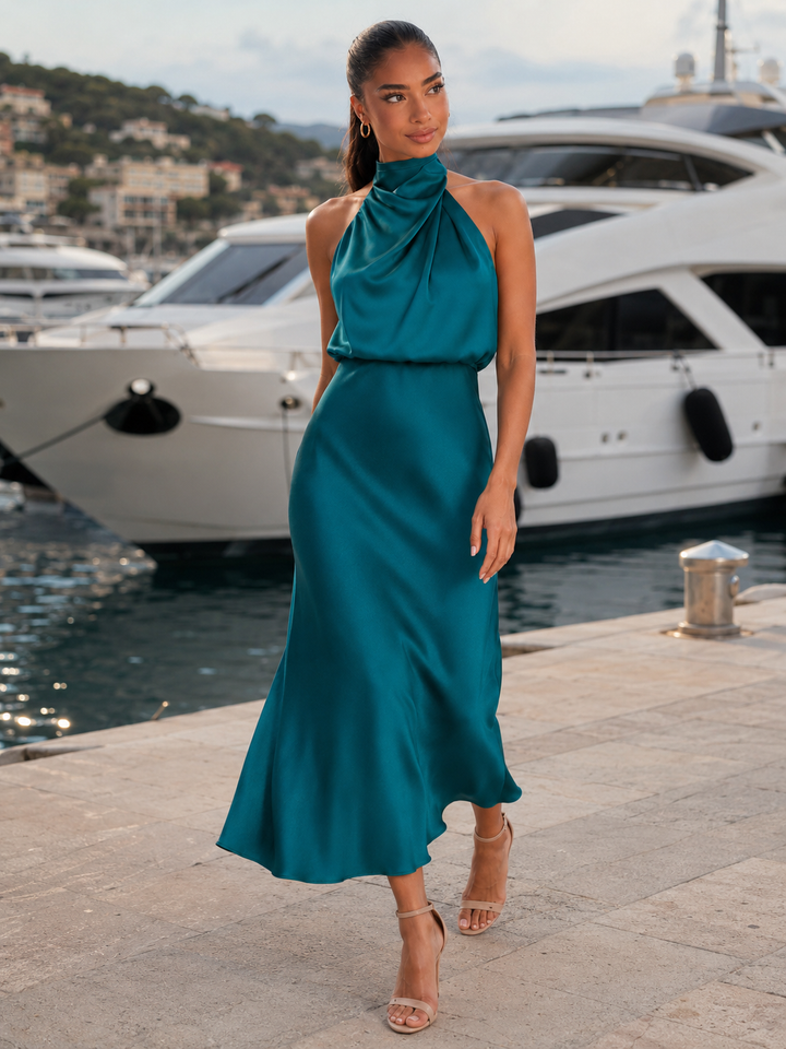 Violet satin high neck midi dress – image 40