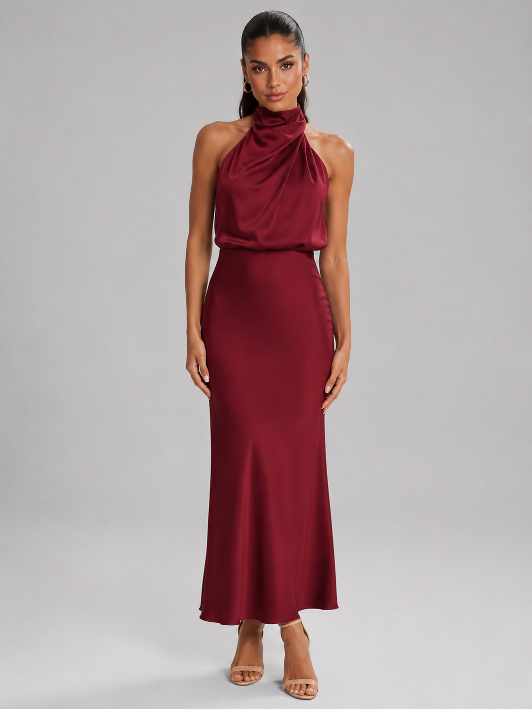 Violet satin high neck midi dress – image 43