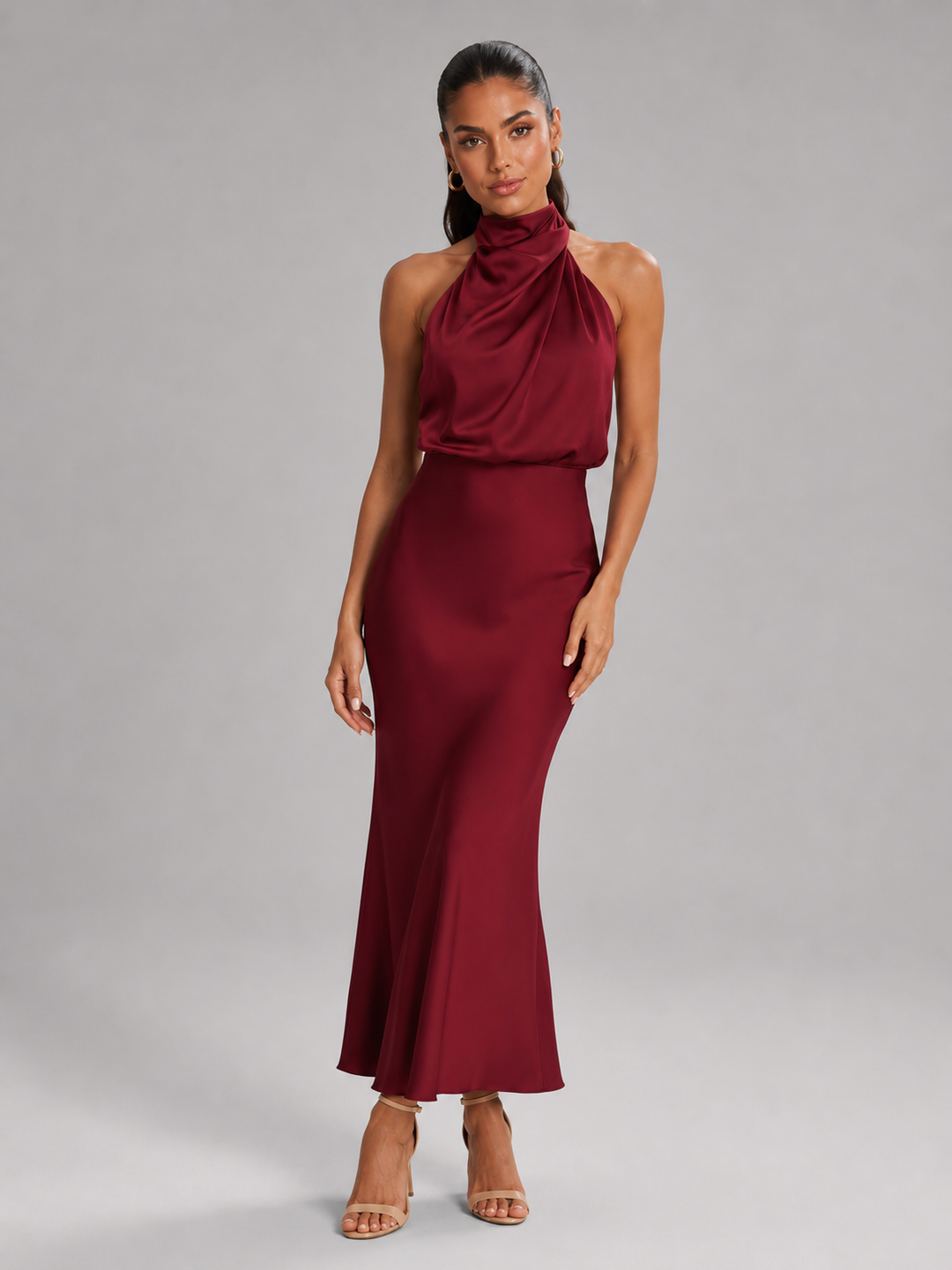 Violet satin high neck midi dress – image 44