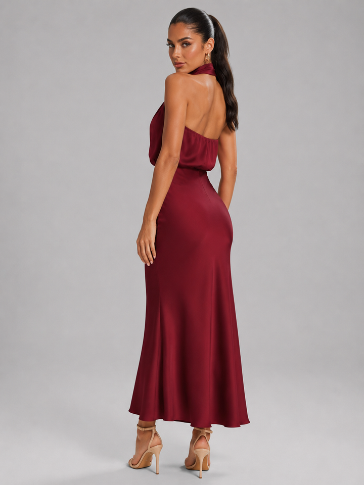 Violet satin high neck midi dress – image 45