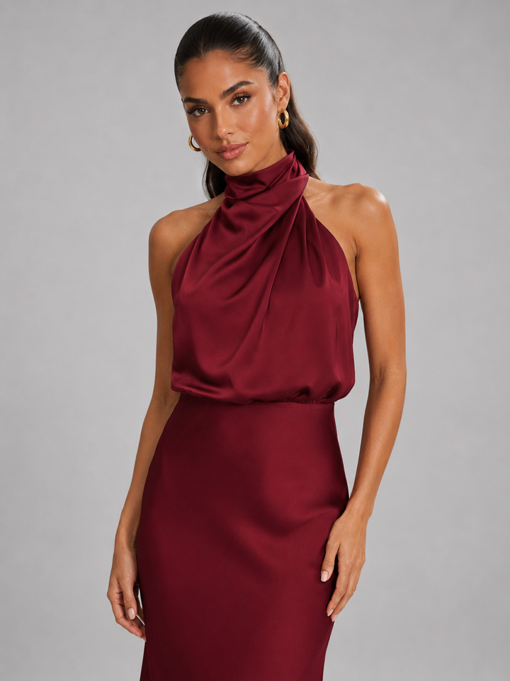 Violet satin high neck midi dress – image 46