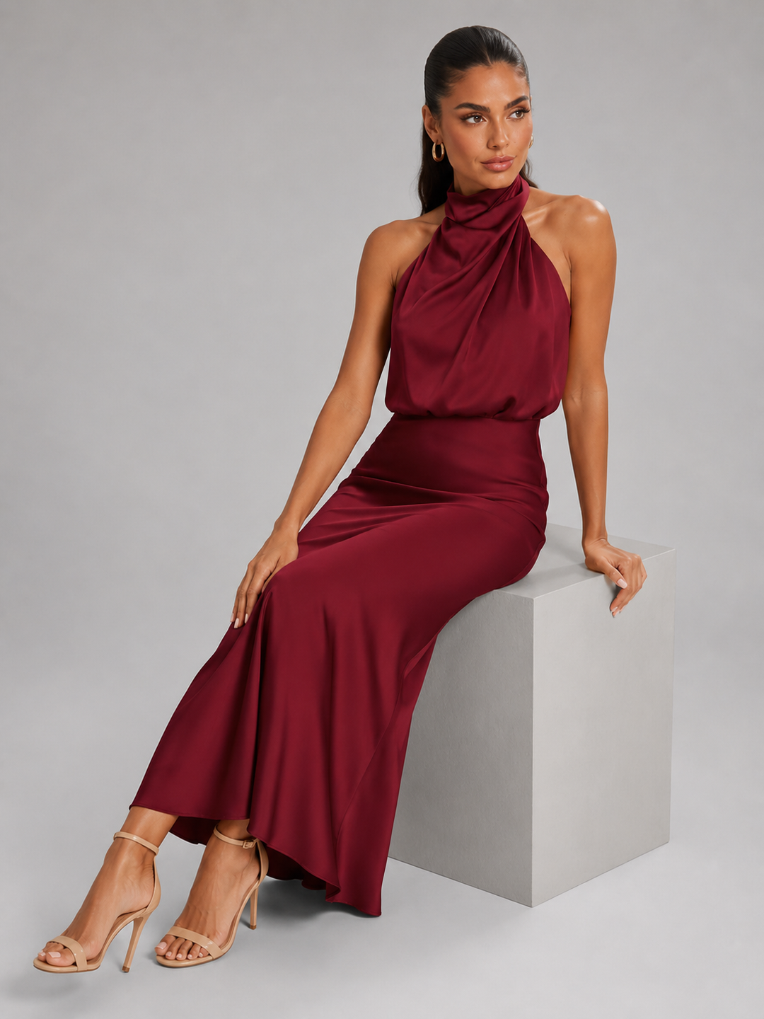 Violet satin high neck midi dress – image 47