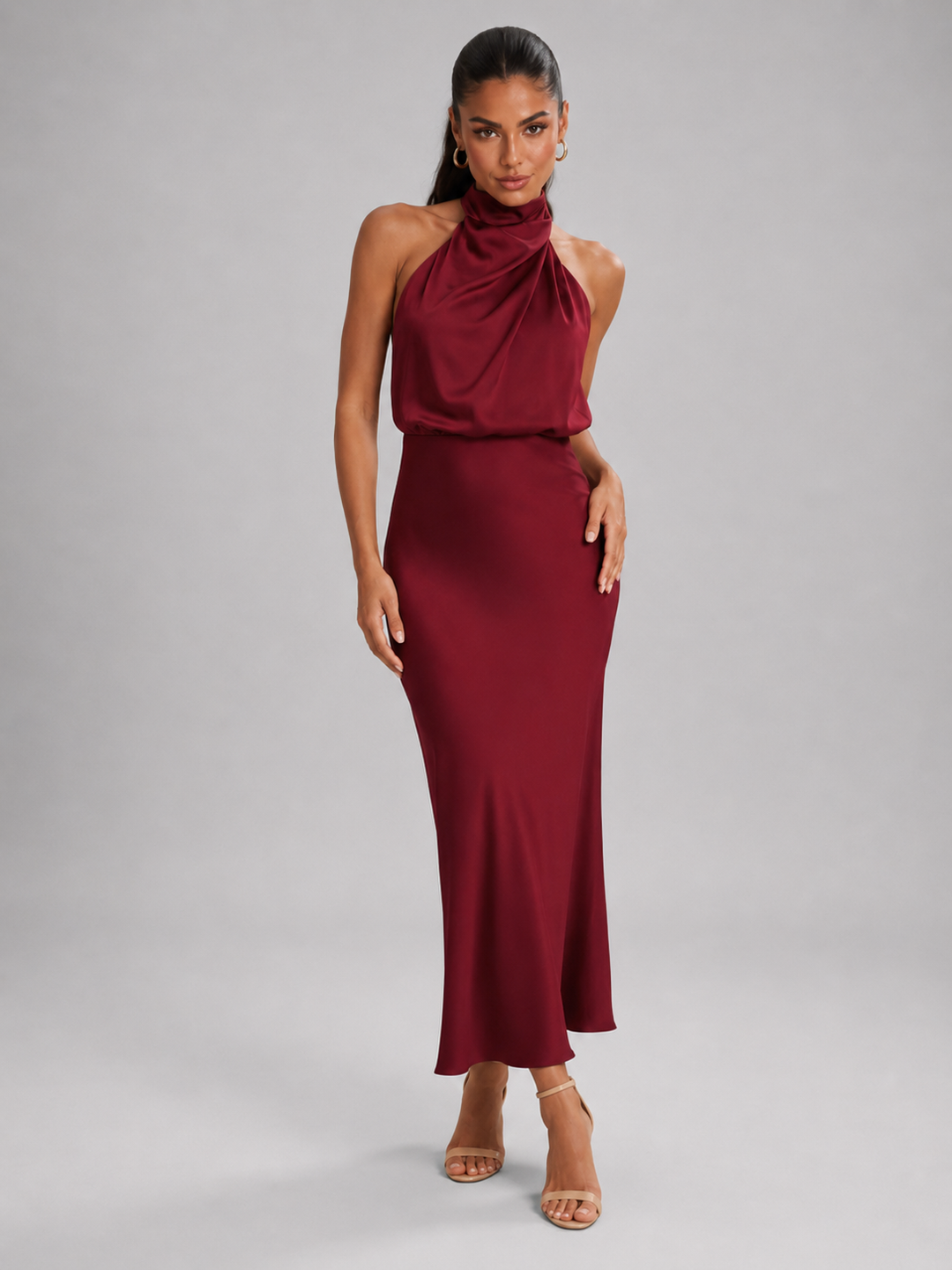 Violet satin high neck midi dress – image 48