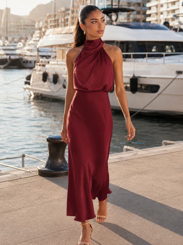 Violet satin high neck midi dress – image 50