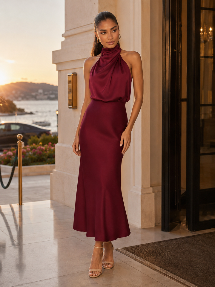 Violet satin high neck midi dress – image 51