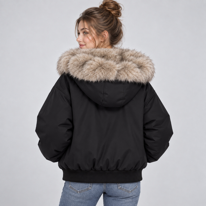 Solenne cropped faux fur trim hooded puffer jacket – image 3