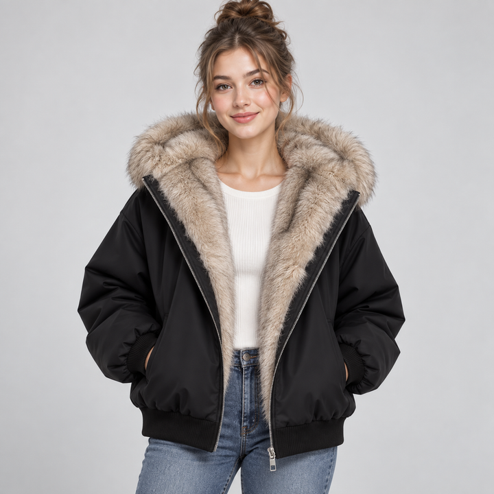 Solenne cropped faux fur trim hooded puffer jacket