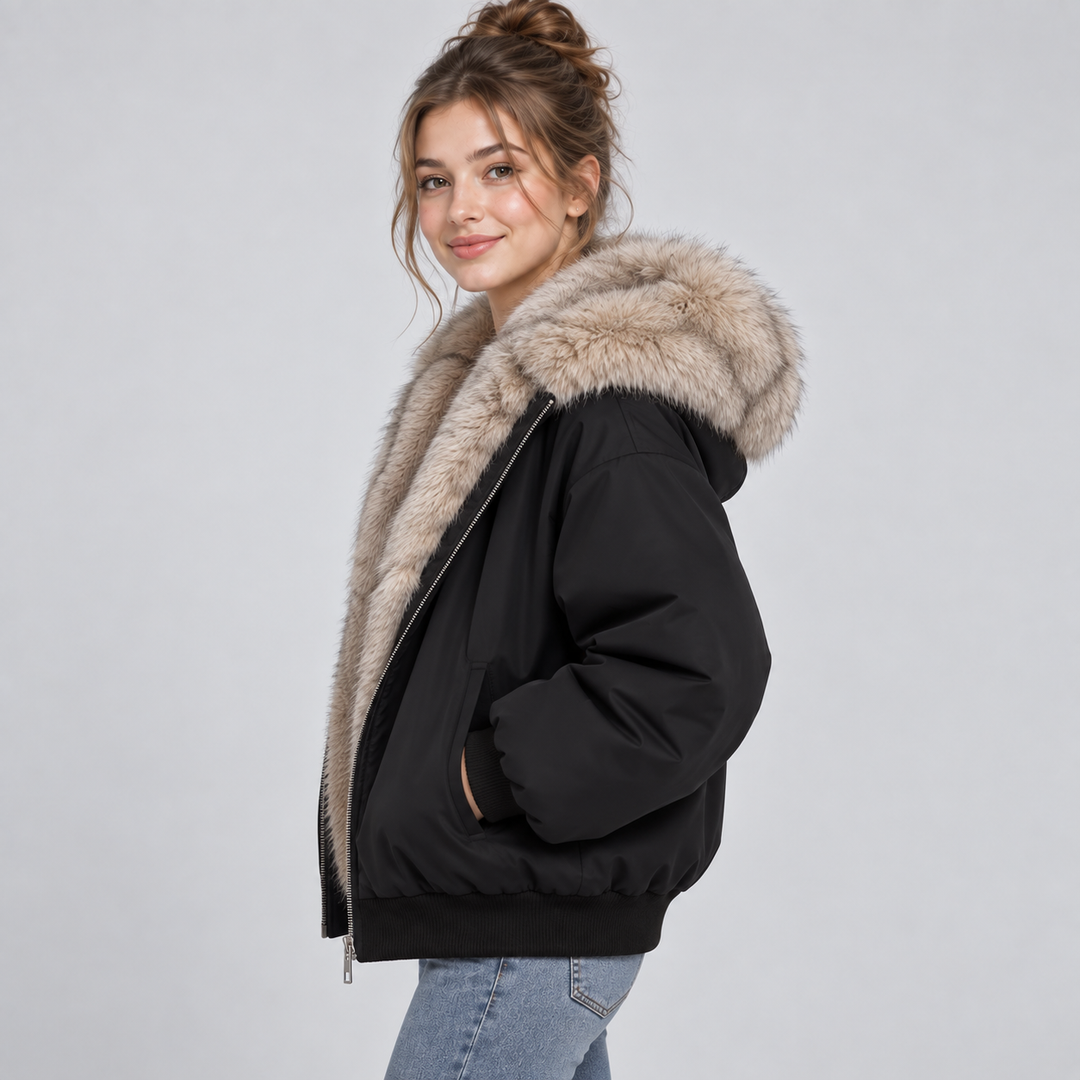 Solenne cropped faux fur trim hooded puffer jacket – image 2