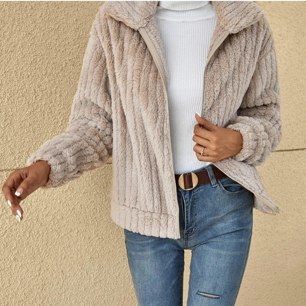 Daisy ribbed teddy fleece jacket with wide collar – image 2