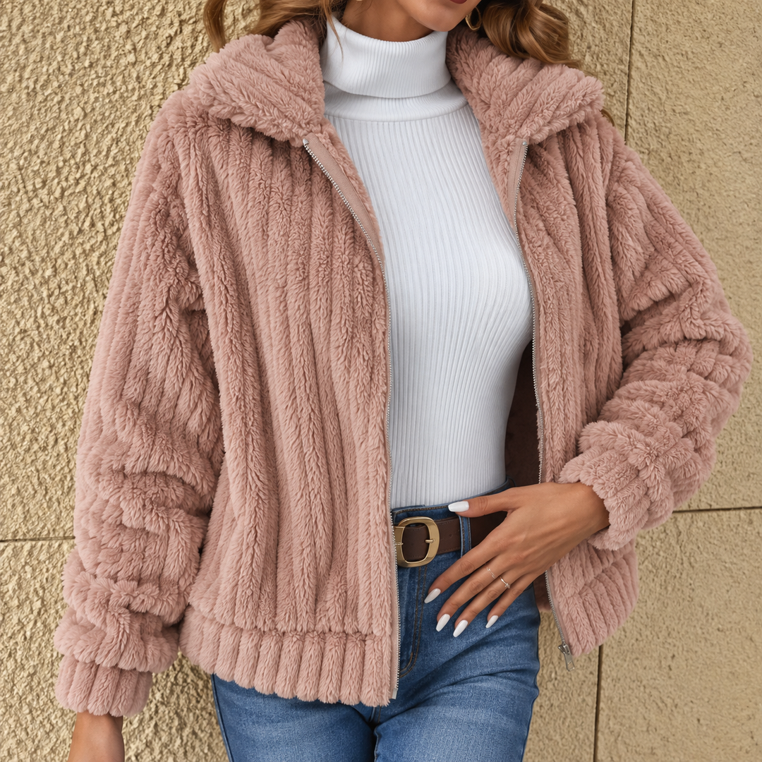 Daisy ribbed teddy fleece jacket with wide collar – image 4