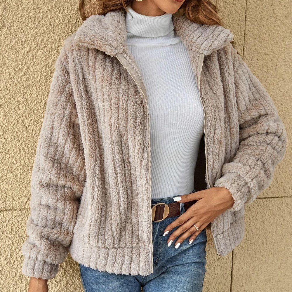 Daisy ribbed teddy fleece jacket with wide collar
