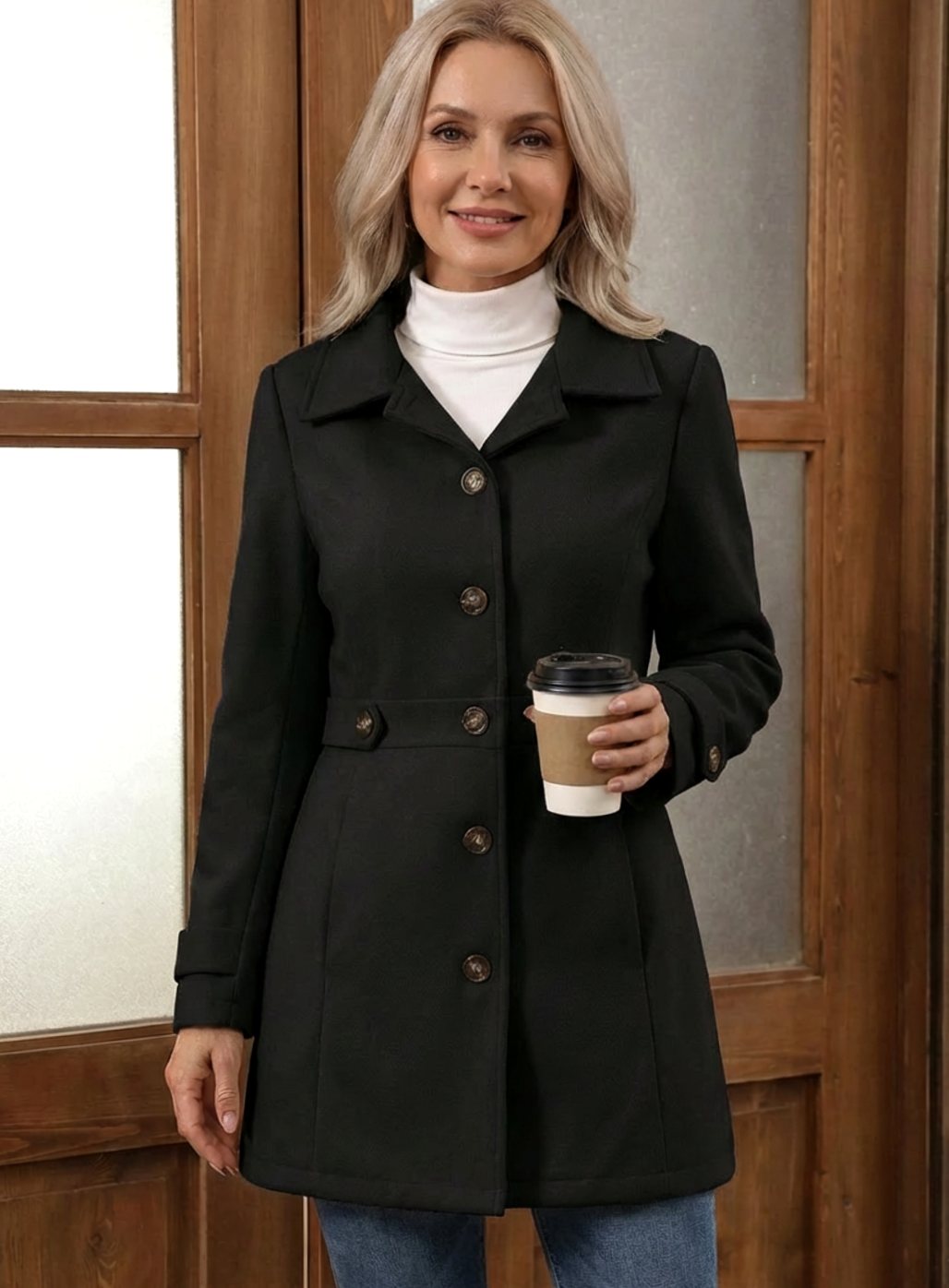 Audrey fitted belted wool coat with wide collar – image 5
