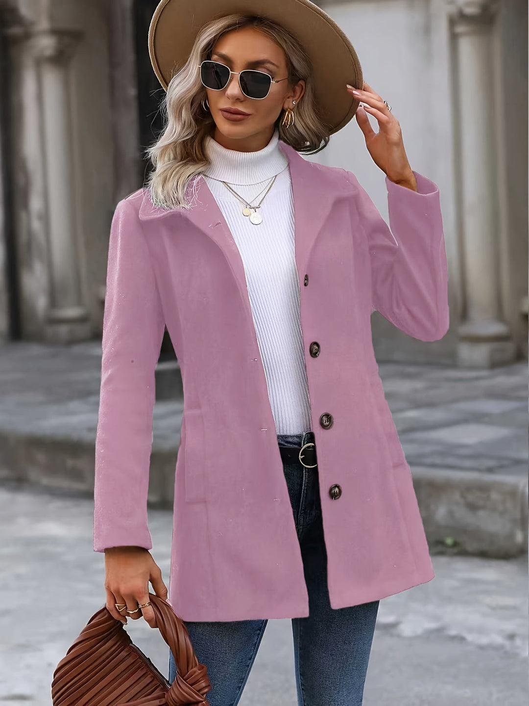 Stella fitted stand collar coat with flared hem – image 6