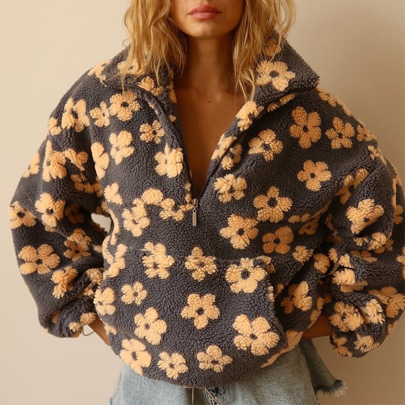 Rosalyn floral teddy fleece half zip jacket