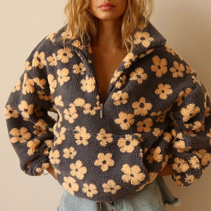 Rosalyn floral teddy fleece half zip jacket