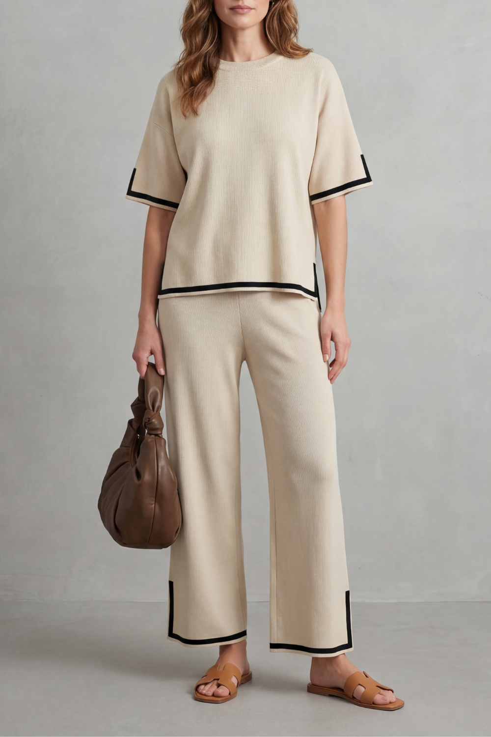 Rhiannon contrast trim knit set with wide leg pants