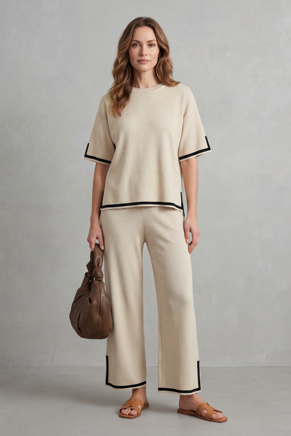 Rhiannon contrast trim knit set with wide leg pants – image 2