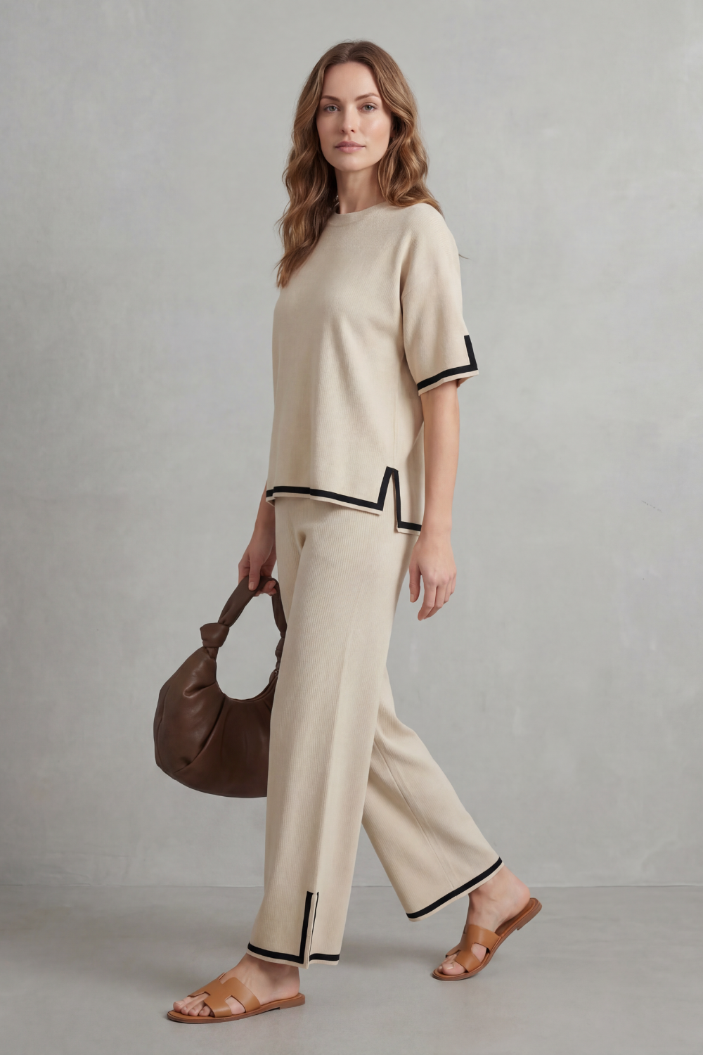 Rhiannon contrast trim knit set with wide leg pants – image 3