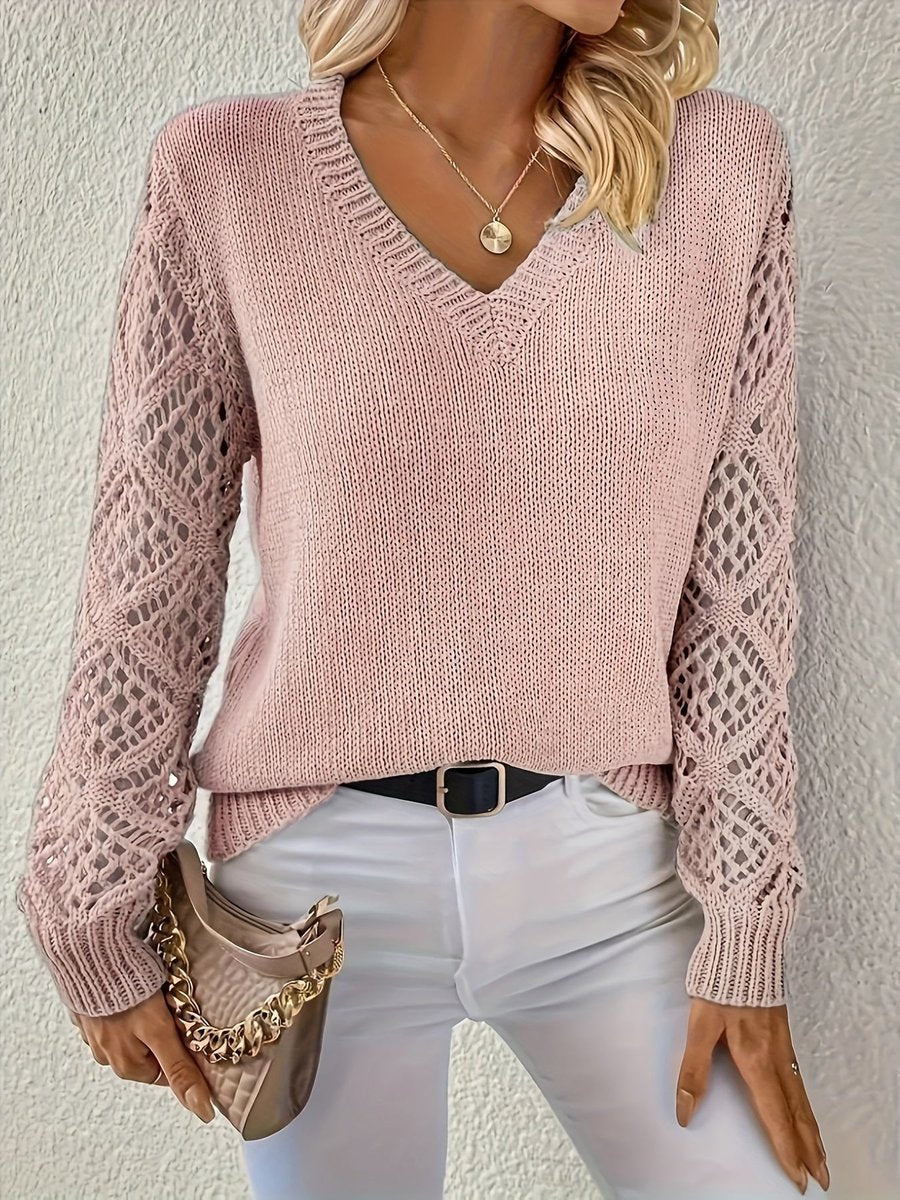 Tallulah V neck sweater with open knit sleeves – image 8