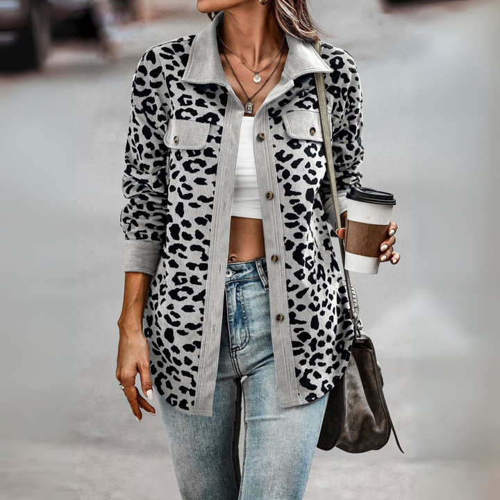 Kelsey leopard print shacket with corduroy trim – image 3