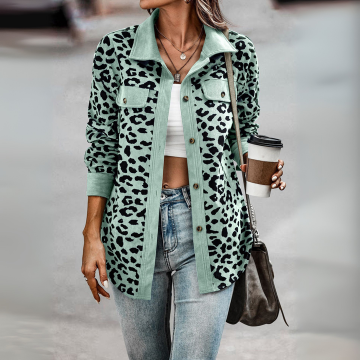 Kelsey leopard print shacket with corduroy trim – image 5