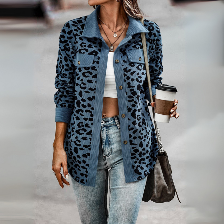 Kelsey leopard print shacket with corduroy trim – image 9