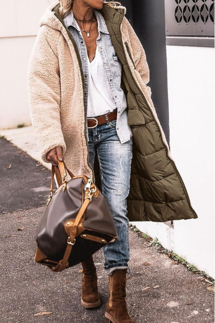 Margaret reversible sherpa lined long coat with hood – image 11