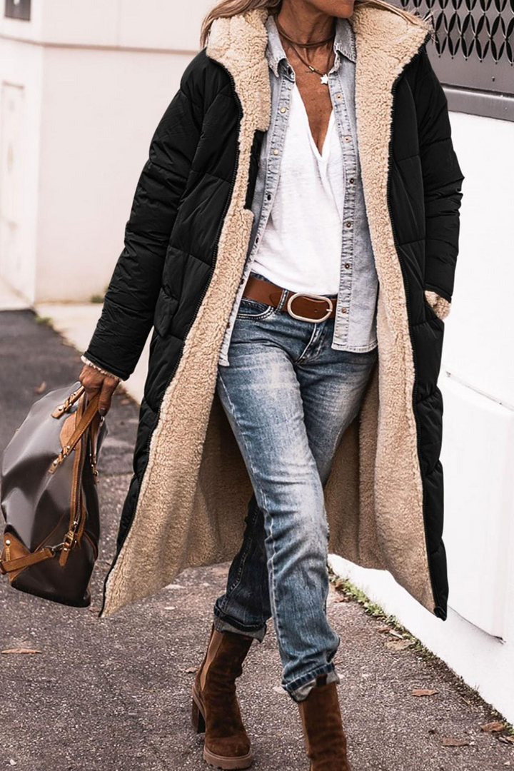 Margaret reversible sherpa lined long coat with hood – image 2