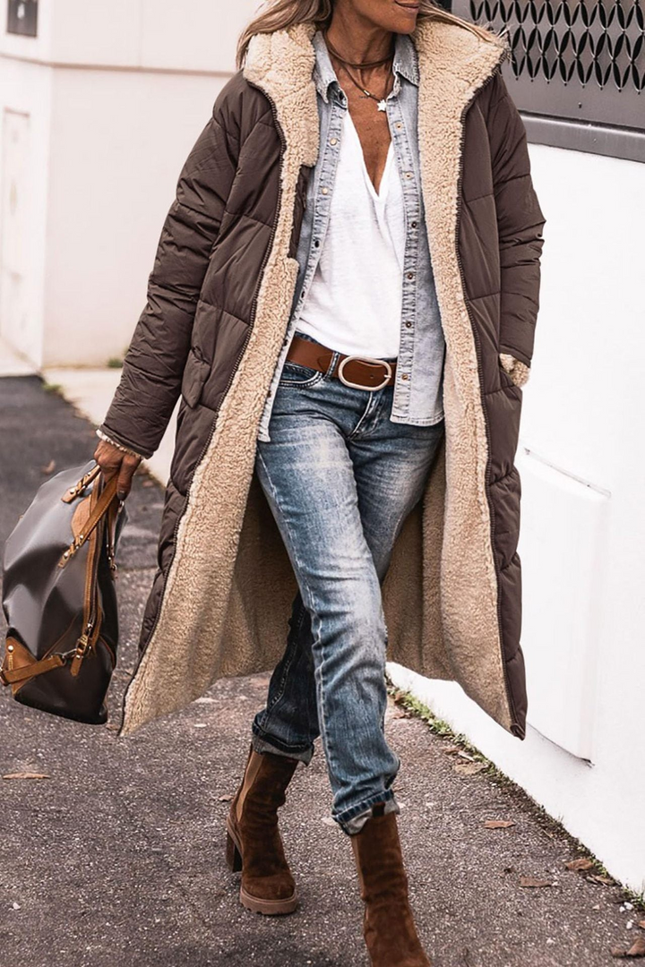 Margaret reversible sherpa lined long coat with hood