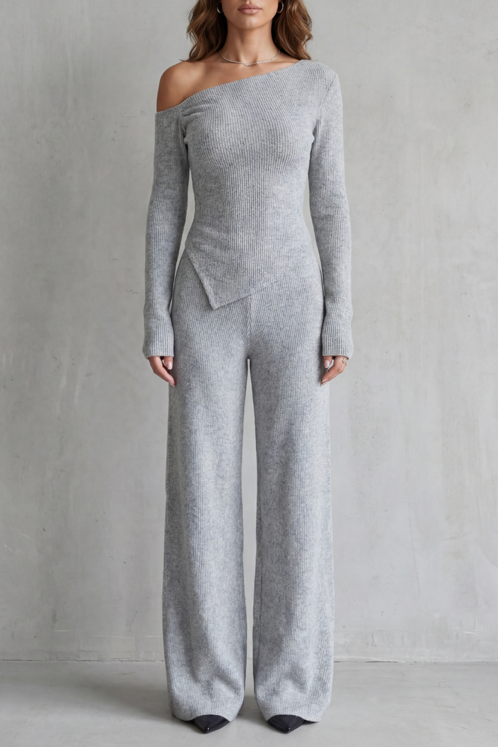 Honora off shoulder knit set with wide leg pants