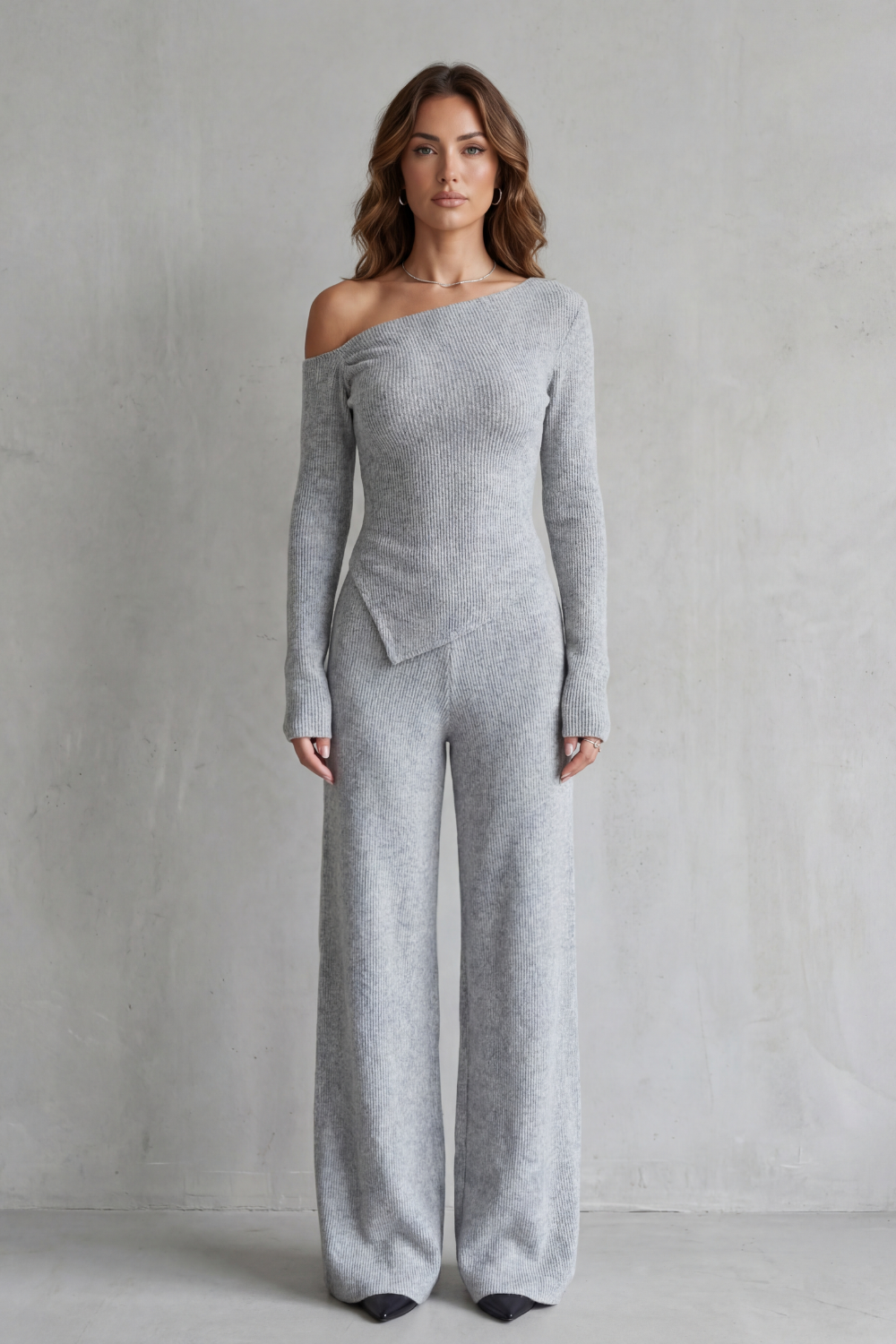 Honora off shoulder knit set with wide leg pants – image 2