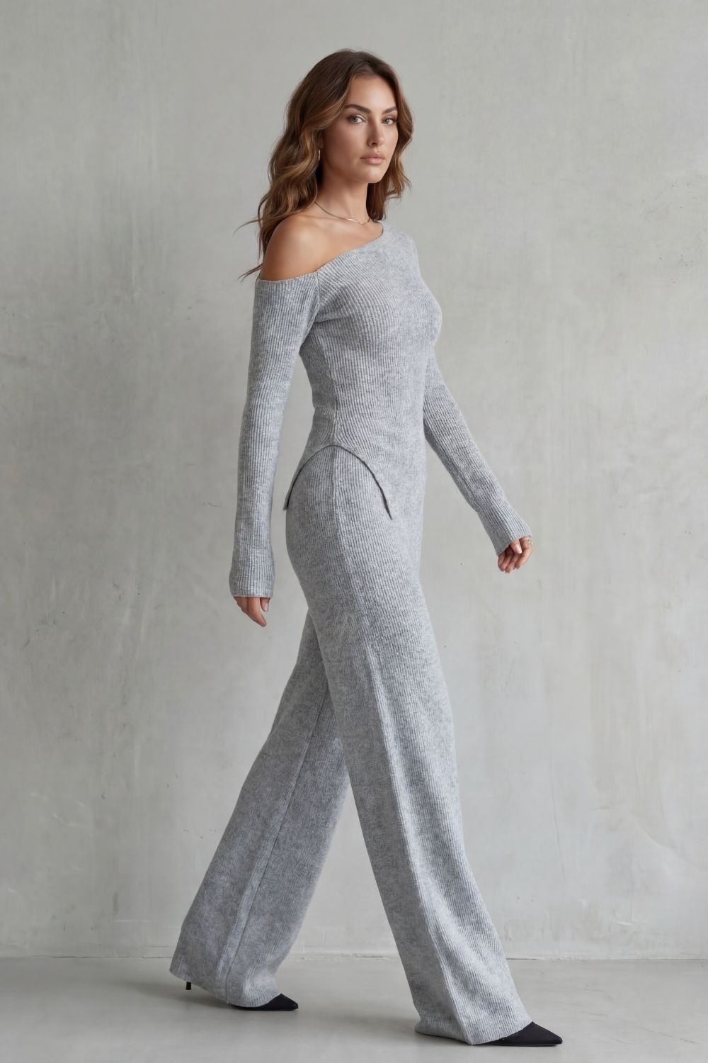 Honora off shoulder knit set with wide leg pants – image 3