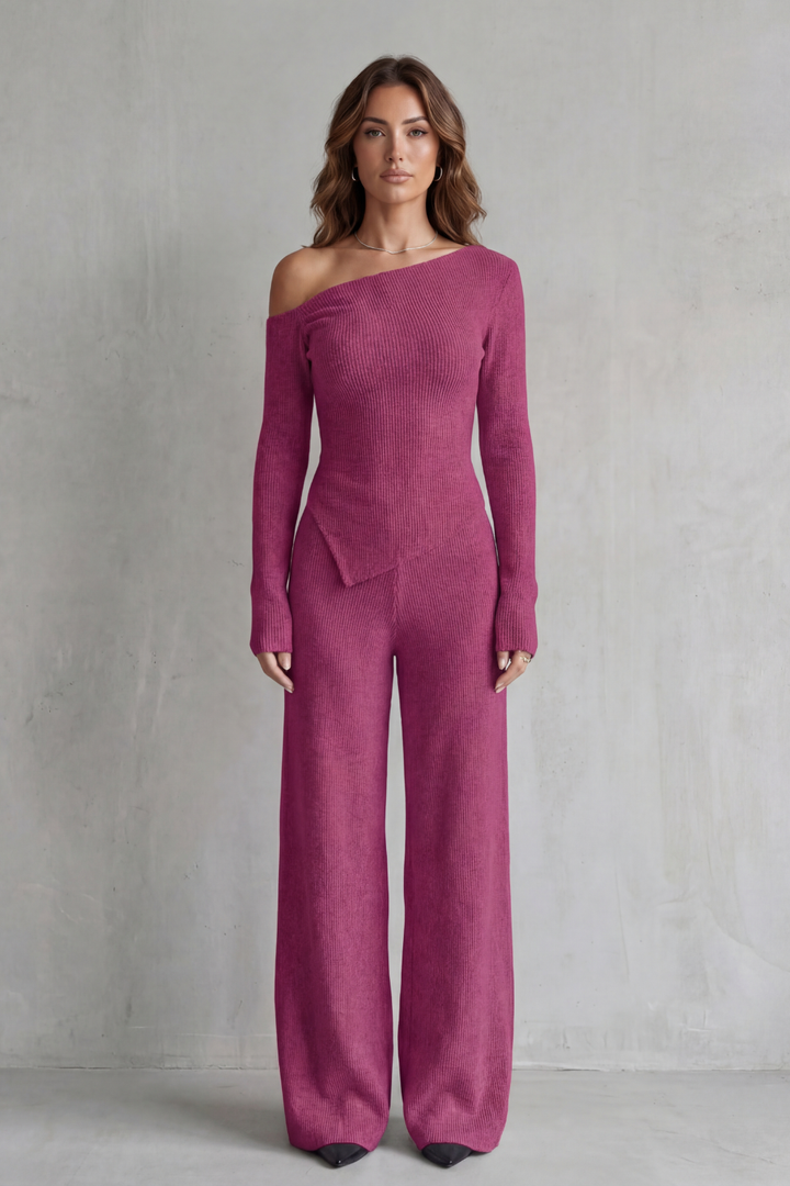 Honora off shoulder knit set with wide leg pants – image 8