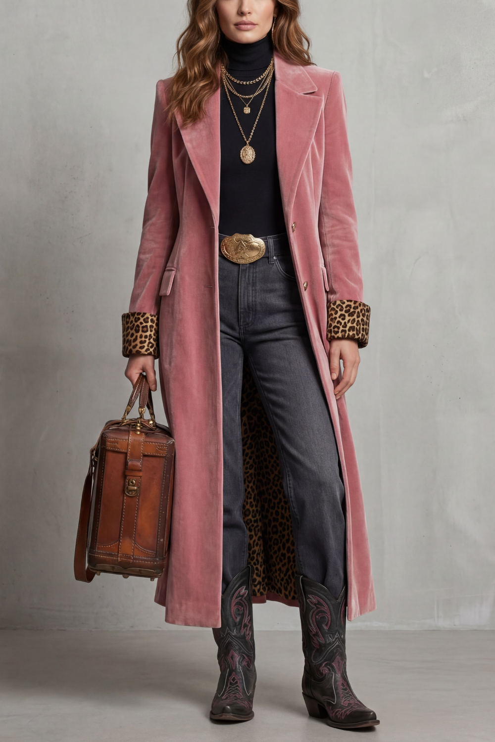 Delfina long coat with leopard print velvet lining