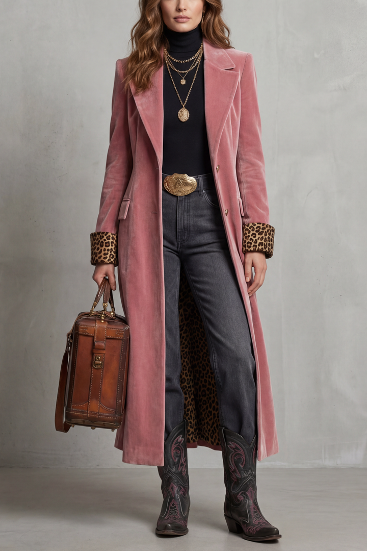 Delfina long coat with leopard print velvet lining
