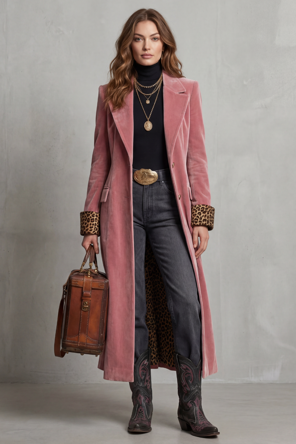 Delfina long coat with leopard print velvet lining – image 2