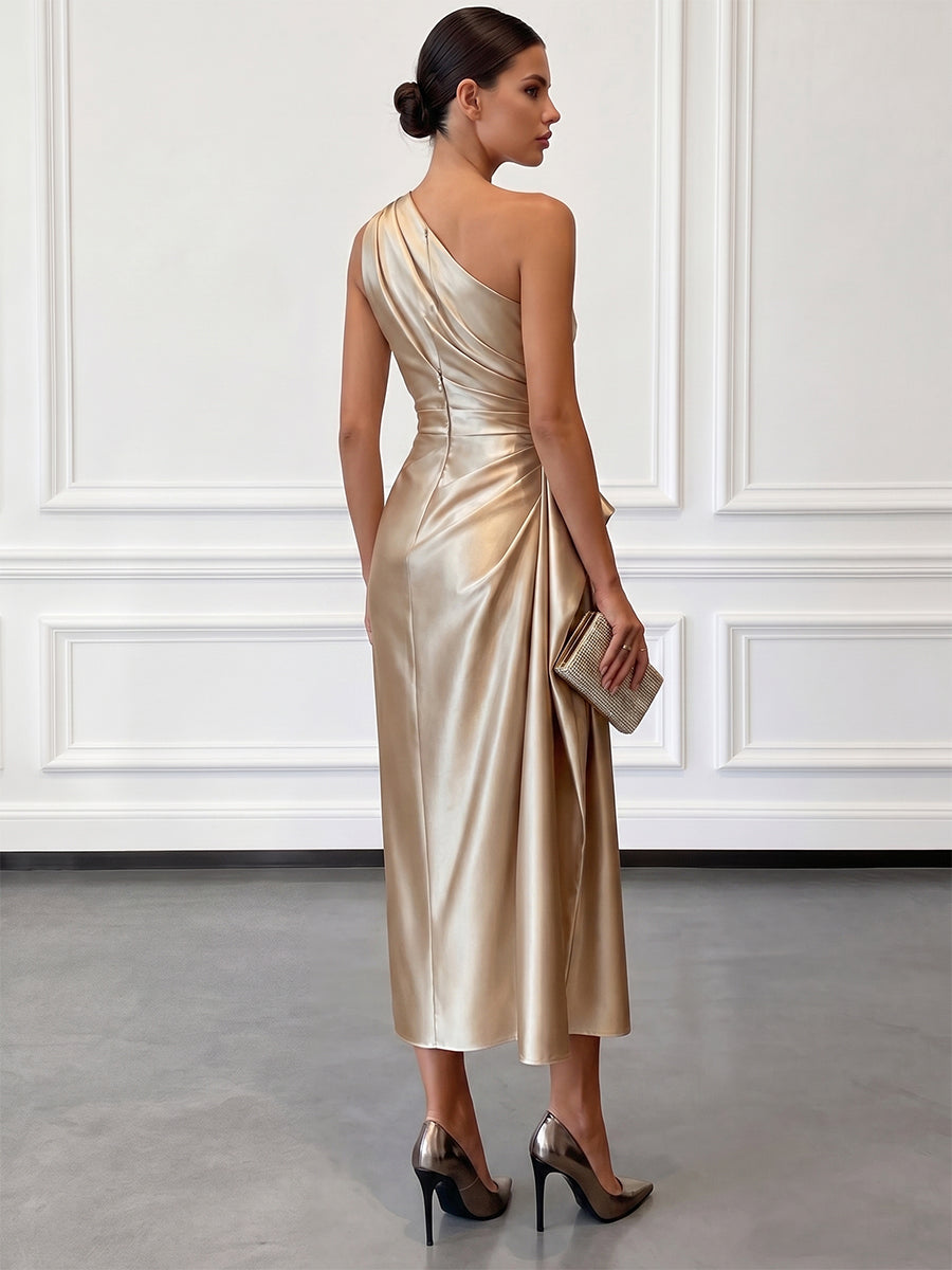 Allegra satin one shoulder ruched midi dress – image 2