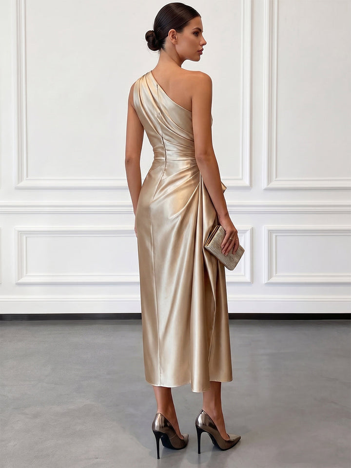 Allegra satin one shoulder ruched midi dress – image 2