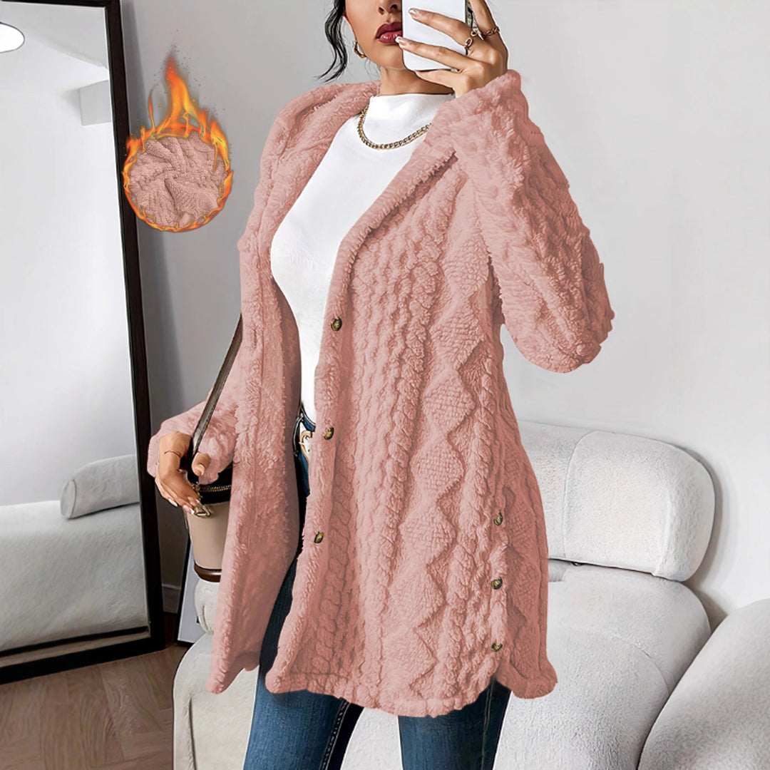 Emberly hooded jacquard knit coat with gold buttons – image 2