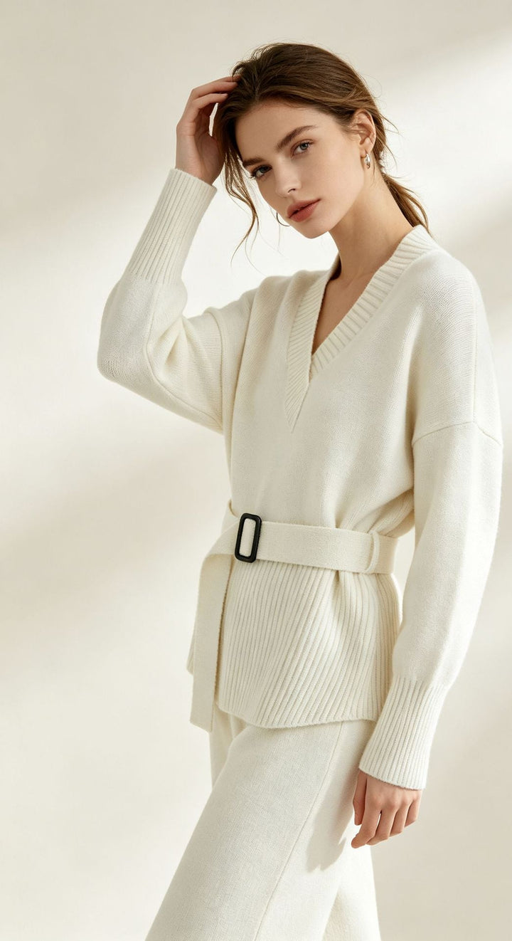 Aubree belted v neck knit wide leg pants set – image 8