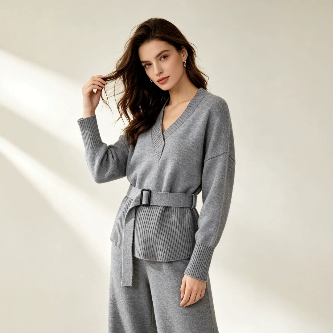 Aubree belted v neck knit wide leg pants set – image 4