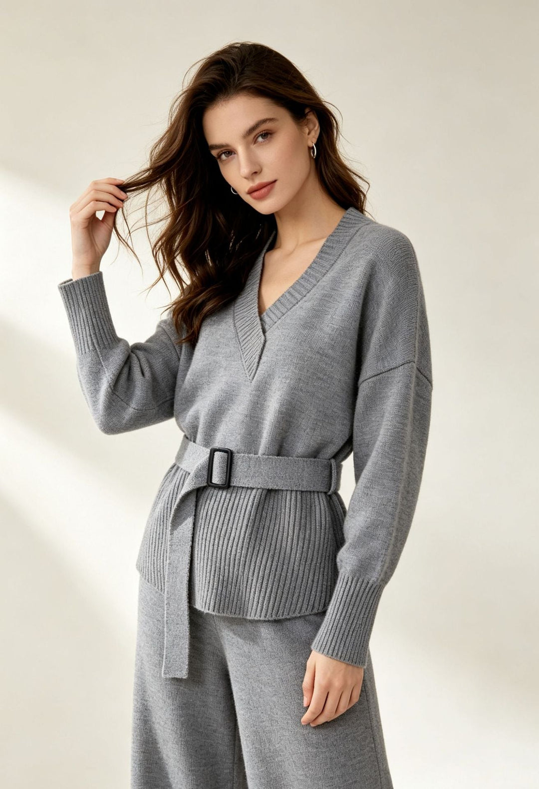 Aubree belted v neck knit wide leg pants set – image 7