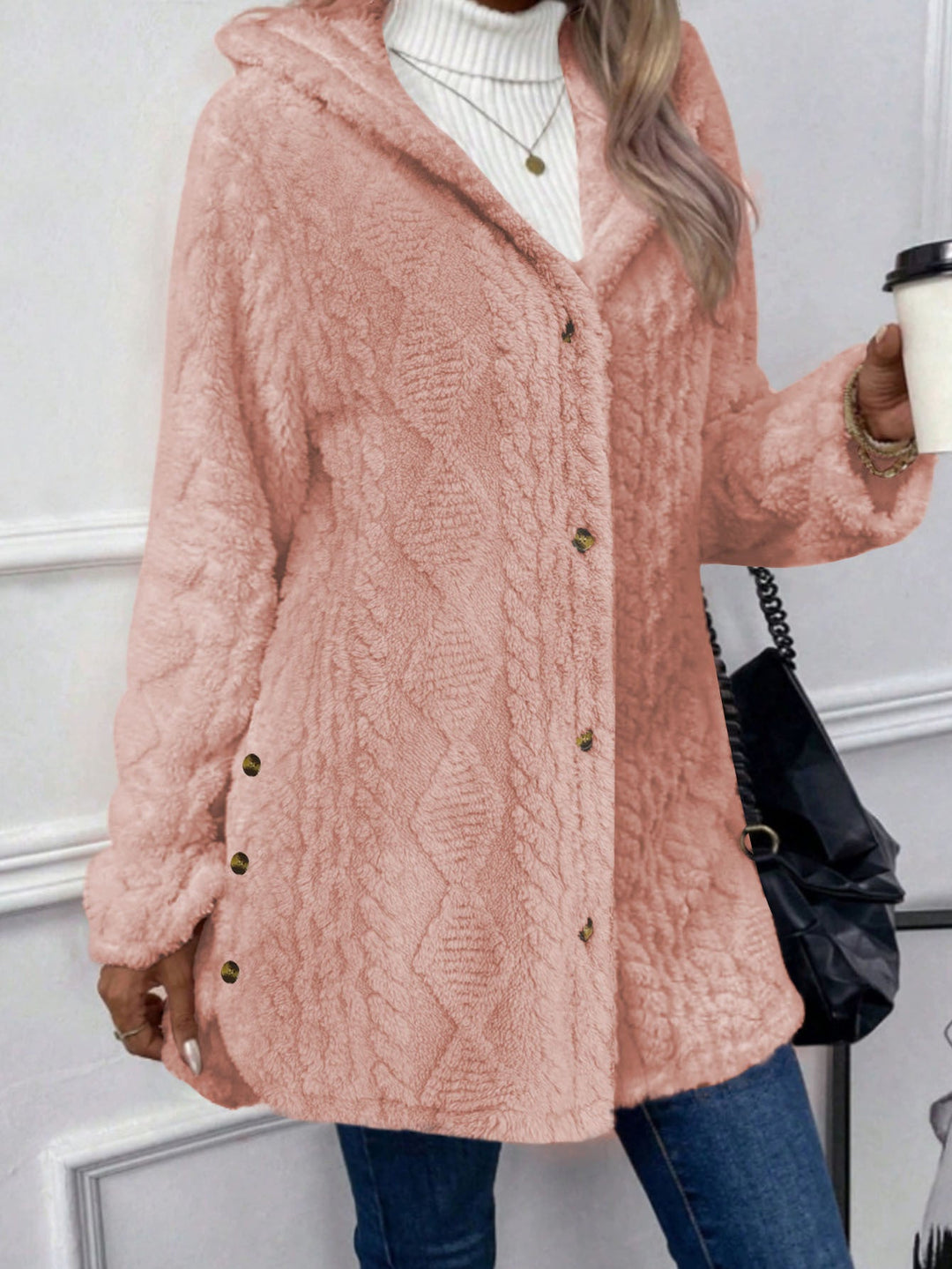 Emberly hooded jacquard knit coat with gold buttons – image 8