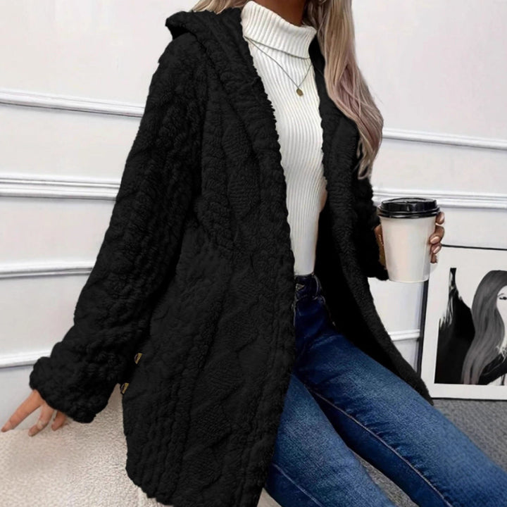 Emberly hooded jacquard knit coat with gold buttons – image 3