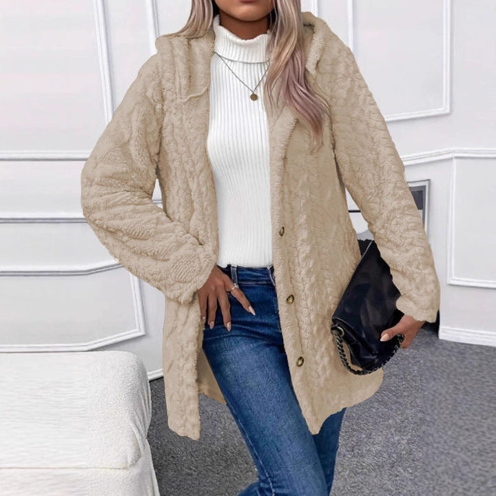 Emberly hooded jacquard knit coat with gold buttons – image 4