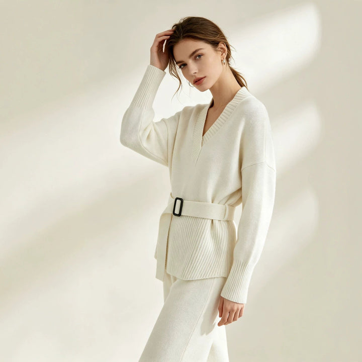 Aubree belted v neck knit wide leg pants set – image 3