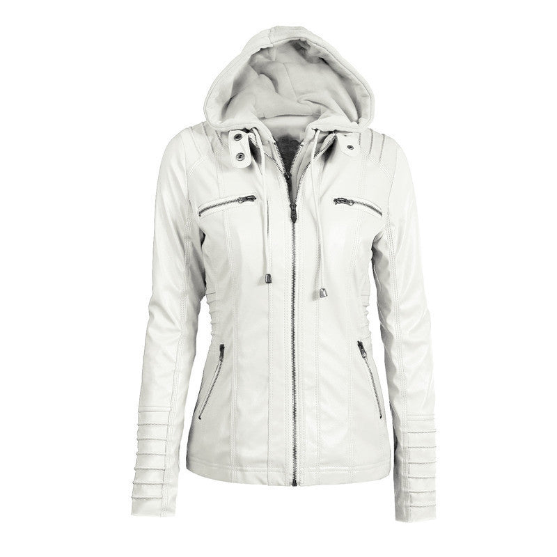 Gaia hooded faux leather jacket with padded sleeves